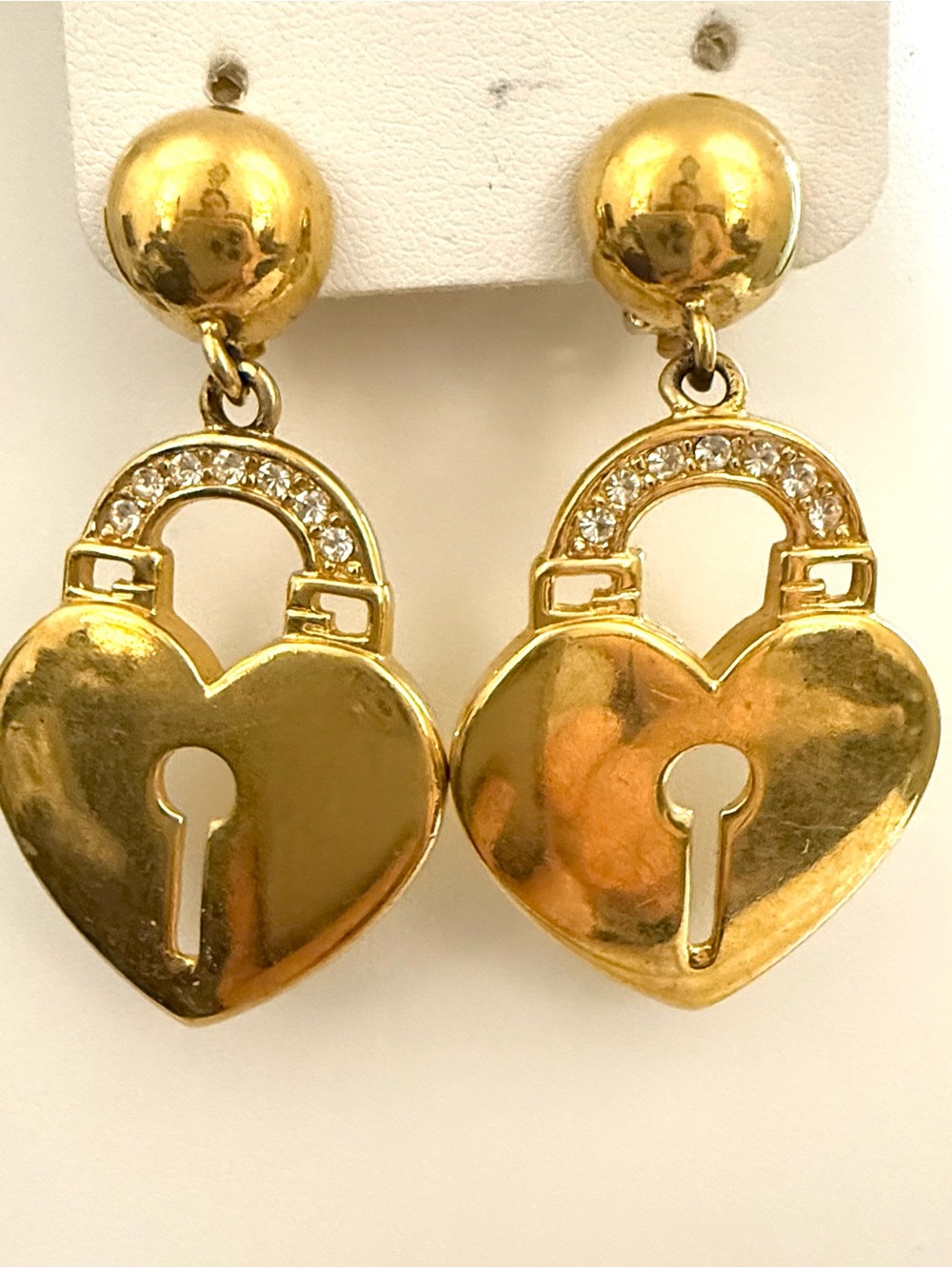 Signed Givenchy Gold Tone Heart Padlock Clip Earrings Rhinestone Vintage 80s